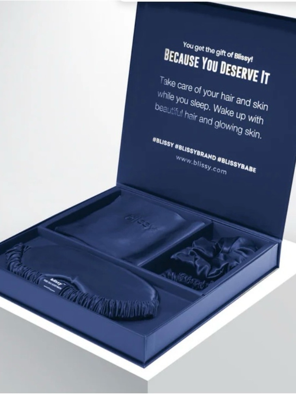 Blissy Navy Satin Sleep Set Pillowcase, Scrunchies & Bag